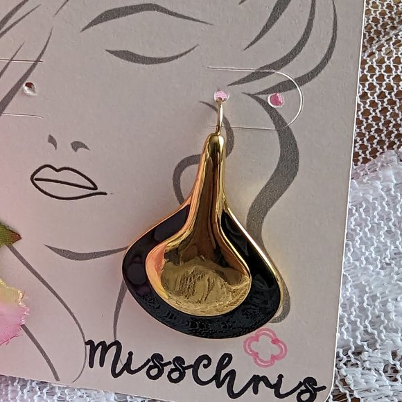 Vintage Monet teardrop gold, black enamel earrings - Picture 2 of 6